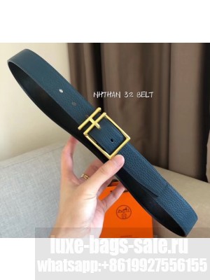 Hermes Width 3.2cm Nathan 32 Reversible Leather Belt Black/Bleu Blue