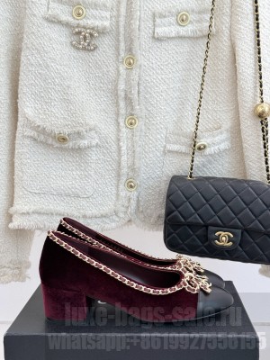 Chanel Velvet 6.5cm Pumps with Chain Bow Burgundy 2025