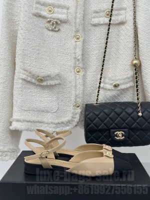 Chanel Lambskin & Satin Flat Sandals Beige