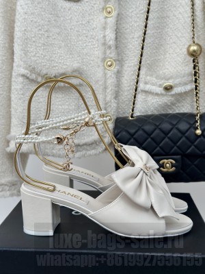 Chanel Lambskin Heel Sandals 6cm with Maxi Bow and Pearls White 2024 G45813