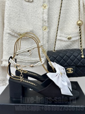 Chanel Silk Heel Sandals 6cm with Maxi Bow and Pearls Black/White 2024 G45813 