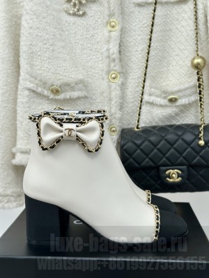 Chanel Women's Chain Around With Bow Leather/Grosgrain Ankle Boots White 