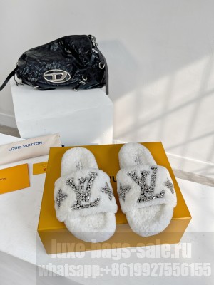 Louis Vuitton Shearling Flat Slide Sandals with Crystals White 2023
