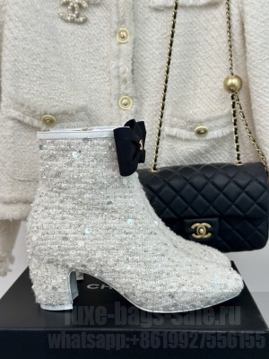 Chanel Sequin Beaded With Bow Booties White 2024