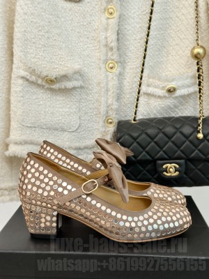 Chanel Satin & Strass Mary Janes 5cm Pumps with Bow Gold