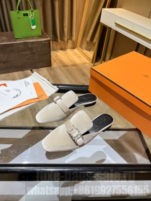 Hermes Velvet Buckle Flat Slide Sandals Beige 2022 Collection