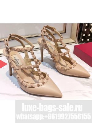 Valentino Heel 9.5cm Rockstud Caged Pumps in Leather Nude/Tonal Studs