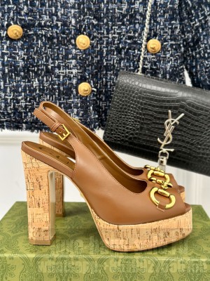Gucci Horsebit 3cm Platform 13.5cm Heel Slingback Sandals Brown