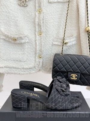 Chanel Quilted Denim Heel Slides Sandal 5cm with Camellia Black 2025