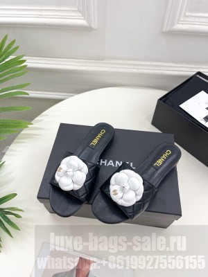 Chanel Black Camellia Bloom Flat Slide Sandals 2023 White