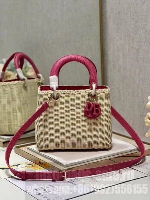 MEDIUM LADY DIOR BAG Natural Wicker and pink Lizard skin M0565
