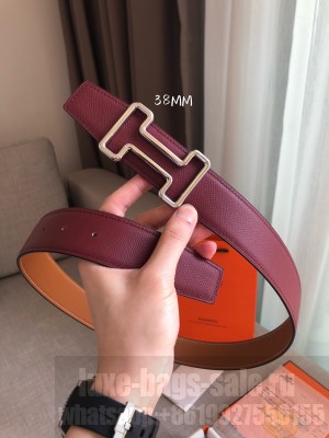 Hermes Tonight Reversible Leather Buckle Belt 38mm Burberrygundy/Khaki/Silver 2019 Collection