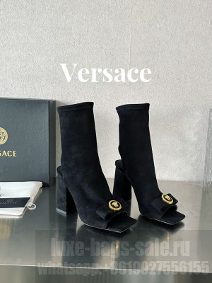 Versace Gianni Ribbon Open Ankle Boots 10.5cm in Strentch Suede Black