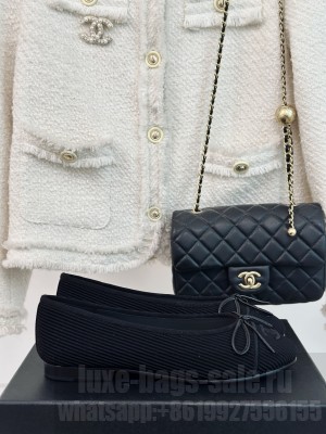 Chanel Striped Fabric Ballet Flat with Bow G45512 Black 2024