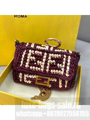 Fendi Woven Raffia Nano Baguette Charm Burgundy  2021 Collection