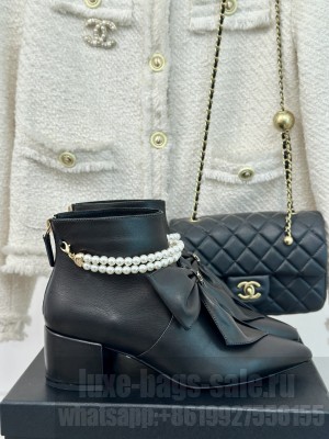Chanel Calfskin 5.5cm with Maxi Bow and Pearls Ankle Boots Black 