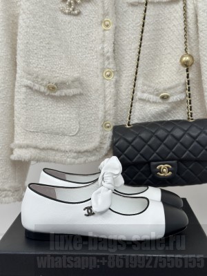Chanel Lambskin & Patent Leather Mary Janes Ballet Flats with Knot Bow white 2025 G46149
