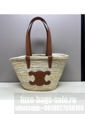 CELINE MEDIUM SUPPLE CELINE CLASSIC PANIER IN RAFFIA AND CALFSKIN 192622 TAN