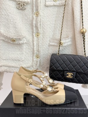 Chanel Calfskin Mary Janes Pumps 5.5cm with Heart Stones Charm Beige 2025 
