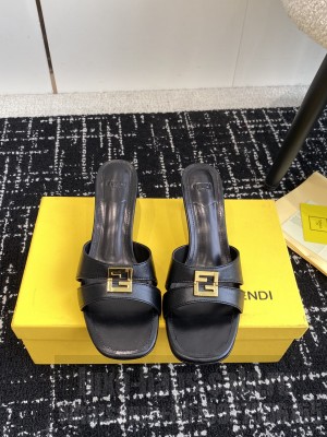 Fendi FFold medium-heeled slide sandals 6cm in Calfskin Black