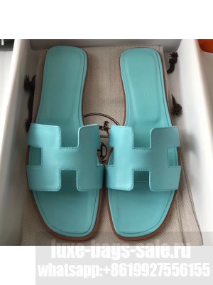 Hermes Oran Flat Slipper Sandals in Swift Box Calfskin Macaron Blue