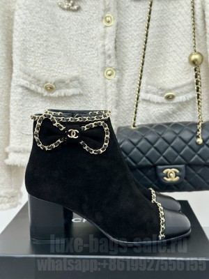 Chanel Women's Chain Around With Bow Suede/Patent Black Ankle Boots 