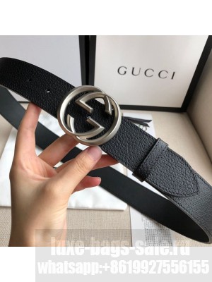 Gucci Grained Leather Belt 38mm with Interlocking G Buckle Black/Silver Collection
