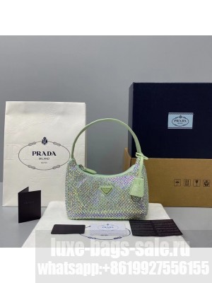 Prada Crystal Hobo Bag 22cm 6641 Nylon Leather Cruise 2021 Collection, Light Green