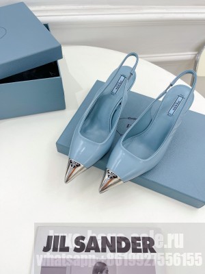 Prada Brush Leather Slingback Pumps 7.5cm with Metal Logo 2022 Collection,blue