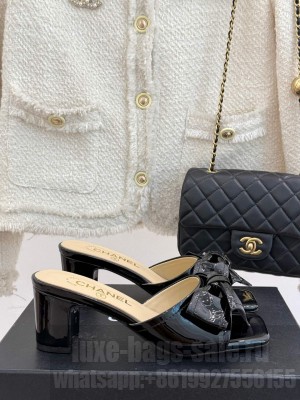 Chanel Patent Leather Heel Slides Sandal with Bow Black 2025
