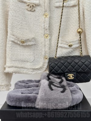 Chanel Wool CC Logo Slide Mules Gray 2024