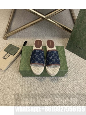 Gucci GG Matelassé Espadrilles Slides Sandals Blue/Brown Canvas 2021 Collection 