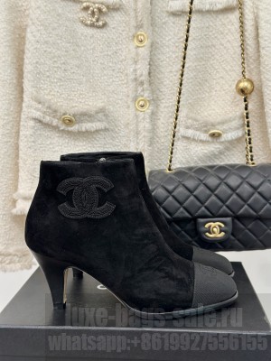 Chanel Suede Grosgrain,Embroidered logo 7cm Ankle Boots Black 2024