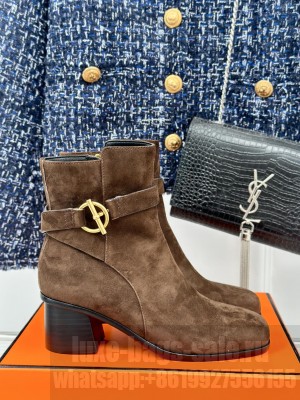 Hermes Jill 60 ankle boot in suede calfskin golden Glenan buckle coffee