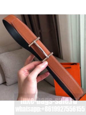 Hermes H D'Ancre Reversible Leather Buckle Belt 32mm Khaki/Silver 2019 Collection