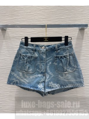 Chanel Women's Heavy Print Denim Shorts Blue