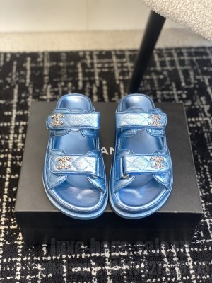Chanel Grained Calfskin Velcro Dad Slide Sandals Sky Blue 2025