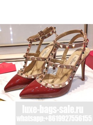 Valentino Heel 9.5cm Rockstud Caged Pumps in Patent Leather Burgundy