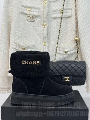Chanel Suede & Wool Fur Platform Ankle Boots Black 2024