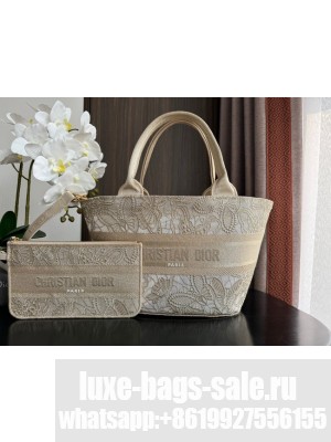Dior HAT BASKET BAG White and Gold-Tone Macrocannage Embroidery M1328CEB