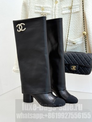 Chanel Lambskin & Grosgrain Heel High Boots Black