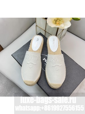 Prada Linen Logo Embroidered Slides Espadrilles Flats 2022 Collection,White