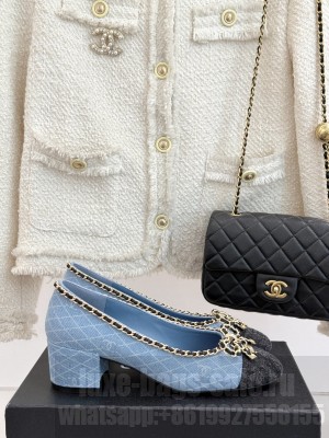 Chanel Quilted Denim 6.5cm Pumps with Chain Bow Light Blue 2025