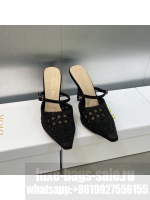 Dior Capture Heel Mules 9.5cm in Black Cannage Embroidered Mesh with Crystals 2023 