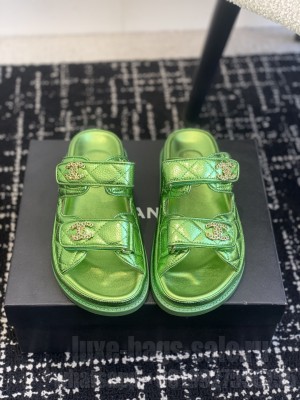 Chanel Grained Calfskin Velcro Dad Slide Sandals Sky Green 2025