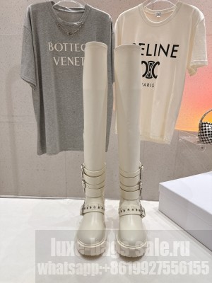 Christian Dior D-Fight Thigh Boot White Calfskin and Leather-Effect Stretch Material