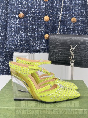 Gucci Women's 10cm Yellow Shiny Leather With Allover studs 827856 Wedge Mule 2025