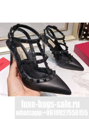 Valentino Heel 9.5cm Rockstud Caged Pumps in Leather Black/Tonal Studs