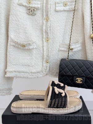 Chanel CC Logo Rope Soled With Chain Slide Flat Beige/Black 2025 