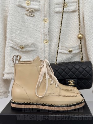 Chanel Calfskin Wood Ankle Boots with Chain Beige 2024